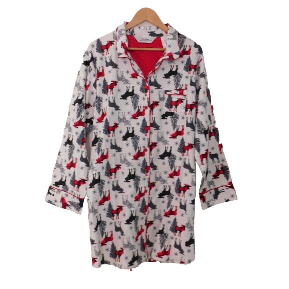 Womens Flannel nightgown Night Shirt Cotton Holiday White Red Moose Size 1X‎